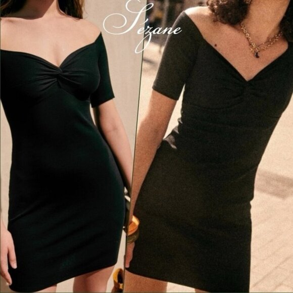 Sezane Coraline Dress Black Size XS Minimalist French Sweetheart V-Neck Bodycon - Picture 2 of 12